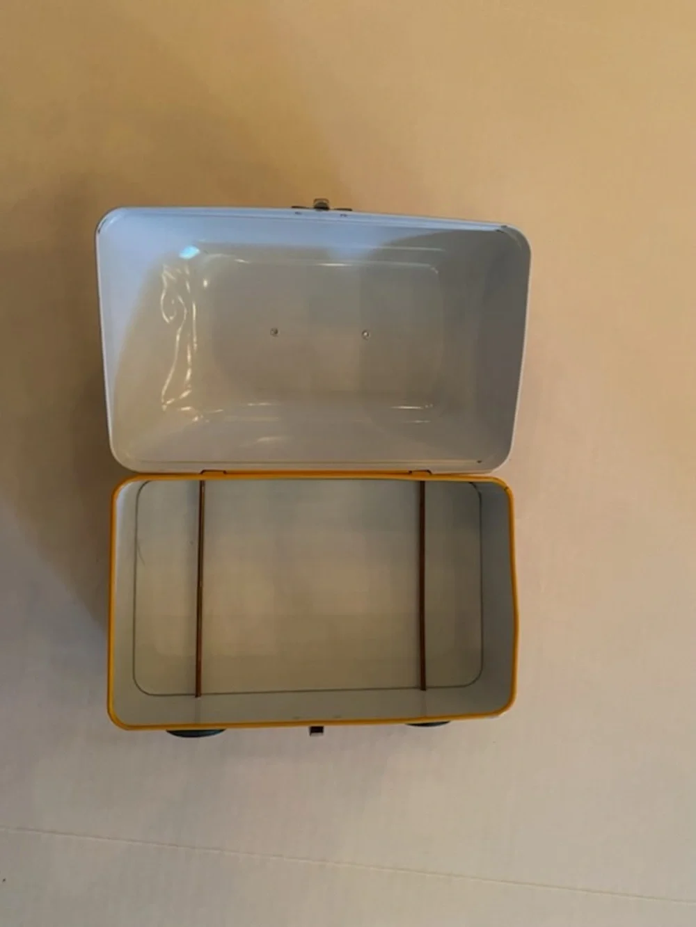 A Sanrio Yellow Toy Bus Metal Carry Case with Teal Handle